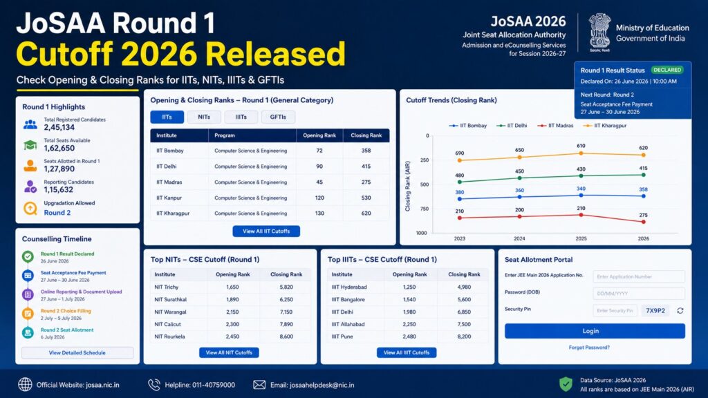 JoSAA Round 1 Cutoff 2026 Released