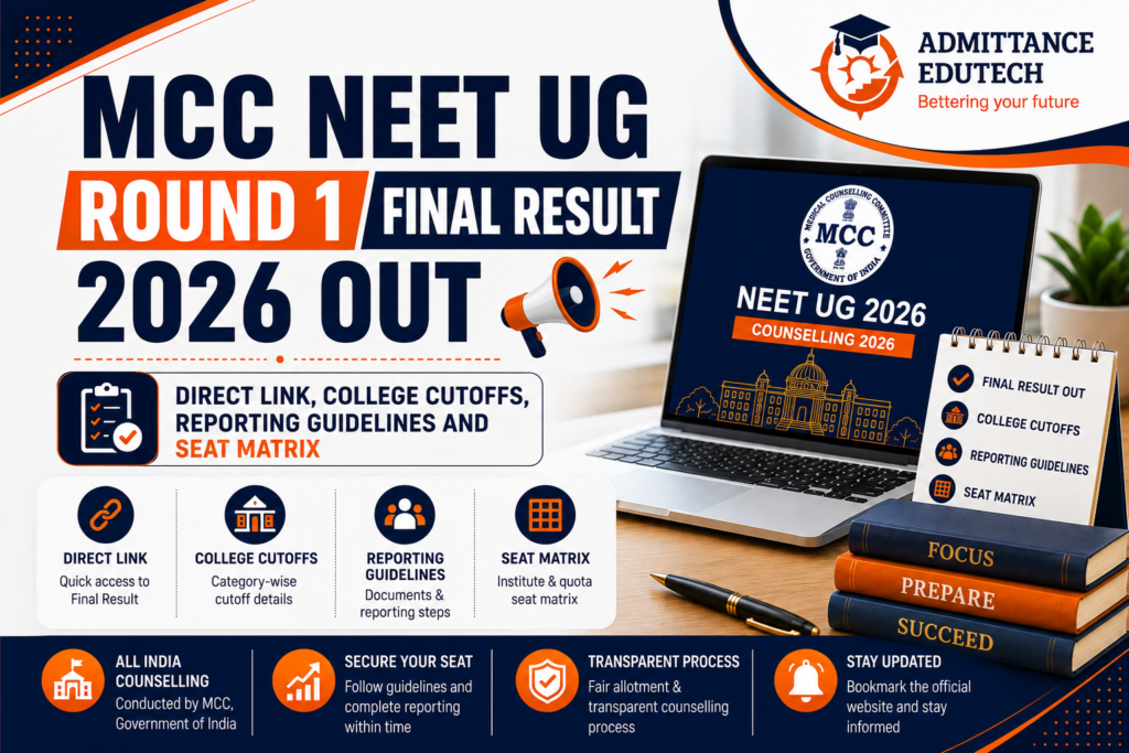 MCC NEET UG Round 1 Final Result 2026 Out: Direct Link, College Cutoffs, Reporting Guidelines and Seat Matrix