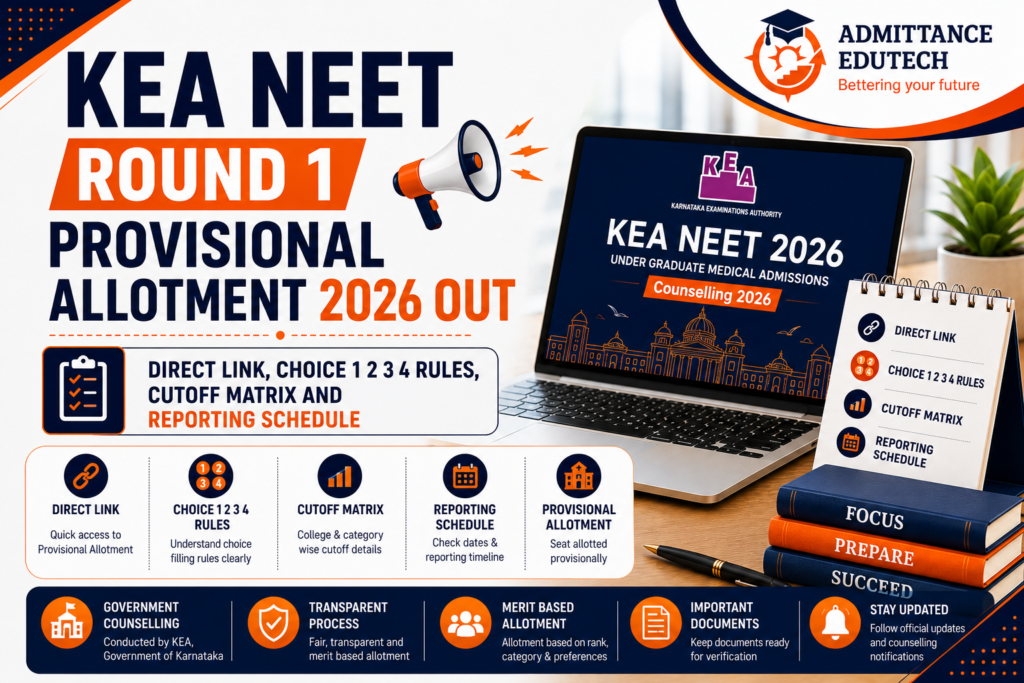 KEA NEET Round 1 Provisional Allotment 2026 Out: Direct Link, Choice 1 2 3 4 Rules, Cutoff Matrix and Reporting Schedule