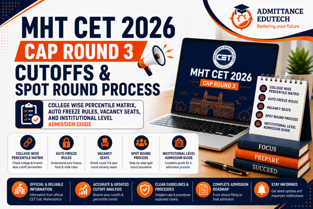 MHT CET 2026 CAP Round 3 Cutoffs and Spot Round Process: College Wise Percentile Matrix, Auto Freeze Rules, Vacancy Seats, and Institutional Level Admission Guide