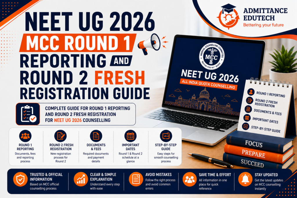 NEET UG 2026 MCC Round 1 Reporting and Round 2 Fresh Registration Guide: Document Verification, Free Exit Rules, Seat Matrix, and Choice Filling Strategy