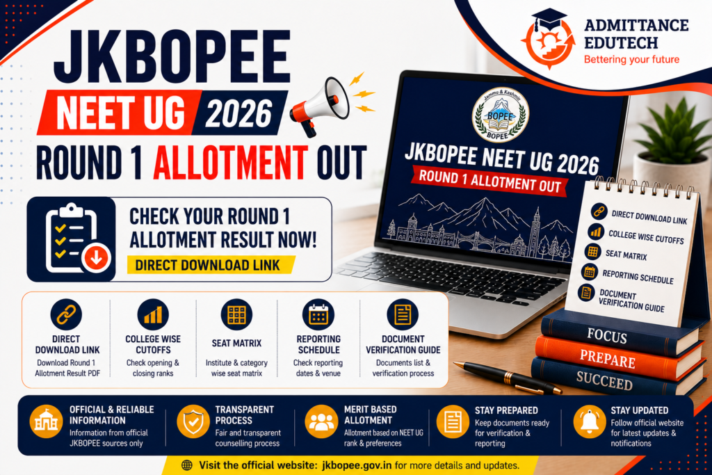 JKBOPEE NEET UG Round 1 Allotment 2026 Out: Direct Download Link, College Wise Cutoffs, Seat Matrix, Reporting Schedule, and Document Verification Guide