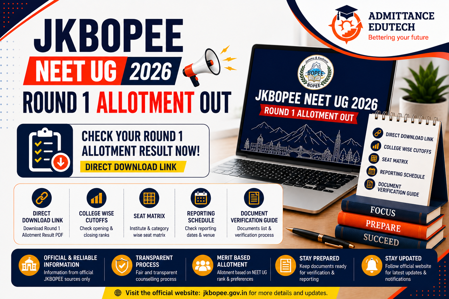 JKBOPEE NEET UG Round 1 Allotment 2026 Out: Direct Download Link, College Wise Cutoffs, Seat Matrix, Reporting Schedule, and Document Verification Guide