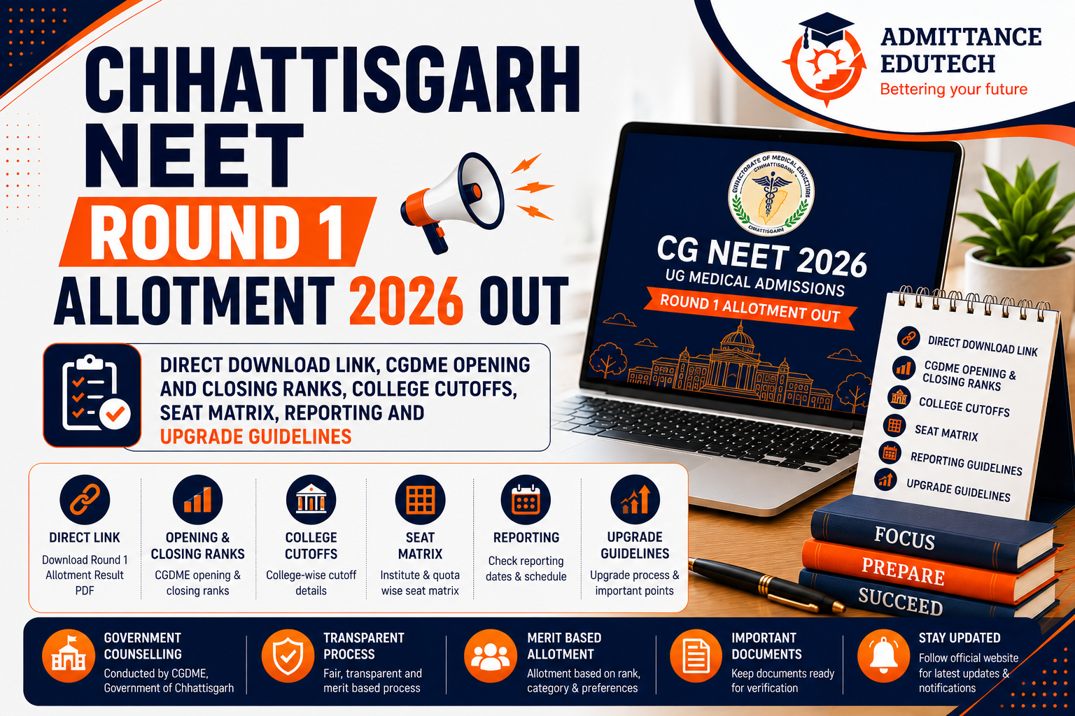 Chhattisgarh NEET Round 1 Allotment 2026 Out: Direct Download Link, CGDME Opening and Closing Ranks, College Cutoffs, Seat Matrix, Reporting and Upgrade Guidelines