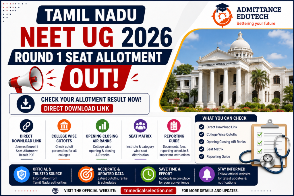 Tamil Nadu NEET UG Round 1 Seat Allotment 2026 Out: Direct Download Link, College Wise Cutoffs, Opening Closing AIR Ranks, and Reporting Guide
