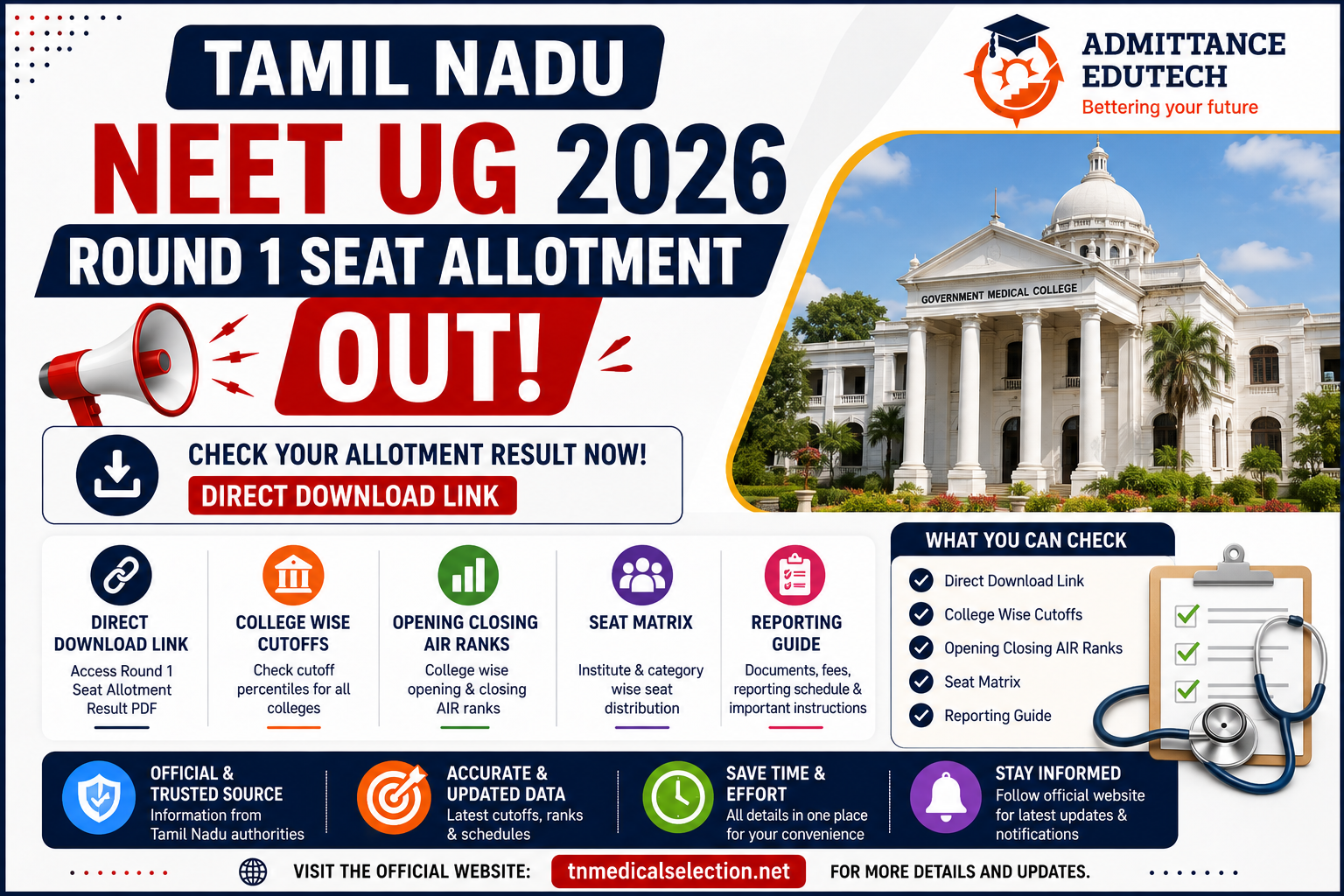Tamil Nadu NEET UG Round 1 Seat Allotment 2026 Out: Direct Download Link, College Wise Cutoffs, Opening Closing AIR Ranks, and Reporting Guide