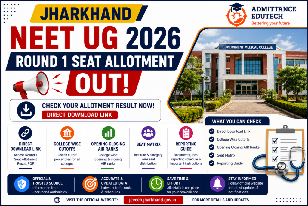 Jharkhand NEET UG Round 1 Seat Allotment 2026 Out: Direct Download Link, College Wise Cutoffs, Opening Closing AIR Ranks, and Reporting Guide