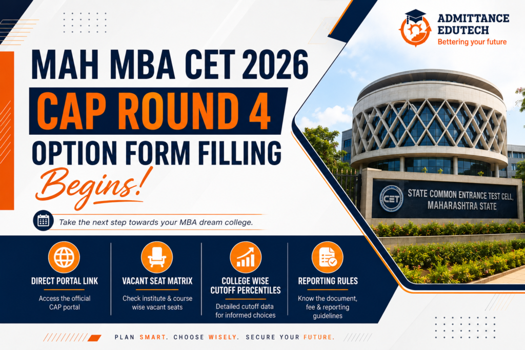 MAH MBA CET 2026 CAP Round 4 Option Form Filling Begins: Direct Portal Link, Vacant Seat Matrix, College Wise Cutoff Percentiles, and Reporting Rules