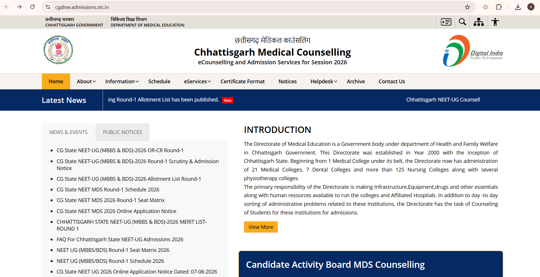 Chhattisgarh NEET Round 1 Allotment 2026 Out: Direct Download Link, CGDME Opening and Closing Ranks, College Cutoffs, Seat Matrix, Reporting and Upgrade Guidelines