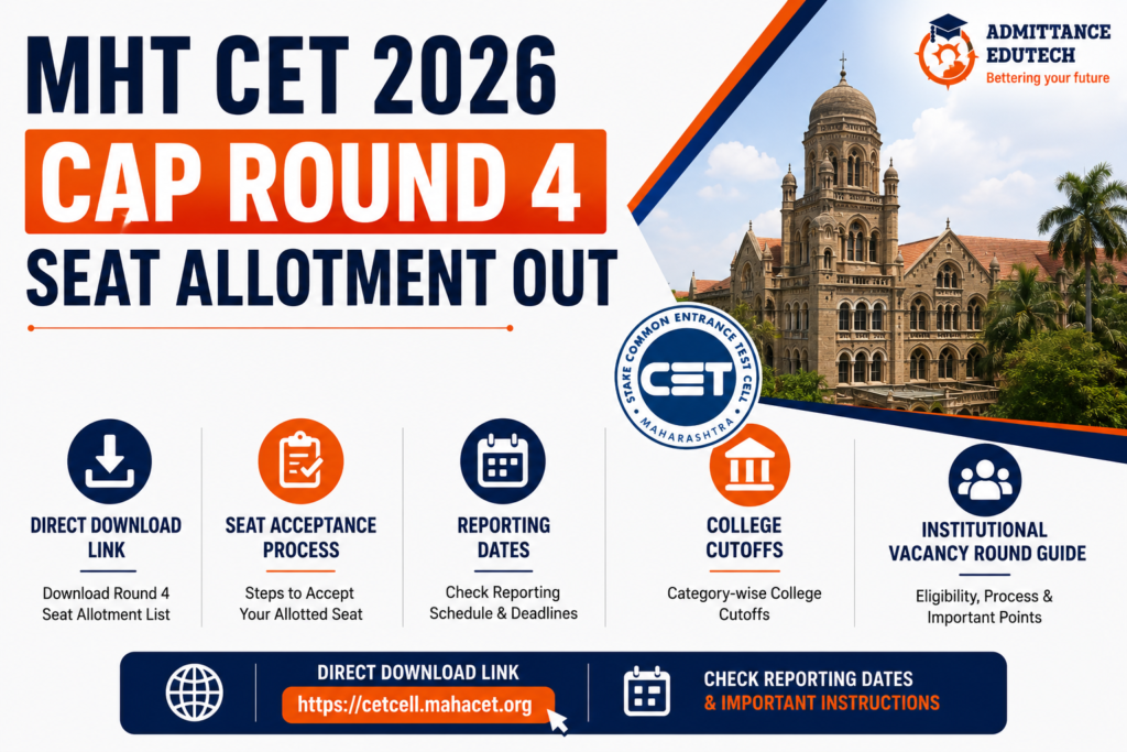 MHT CET 2026 CAP Round 4 Seat Allotment Out: Direct Download Link, Seat Acceptance Process, Reporting Dates, College Cutoffs, and Institutional Vacancy Round Guide