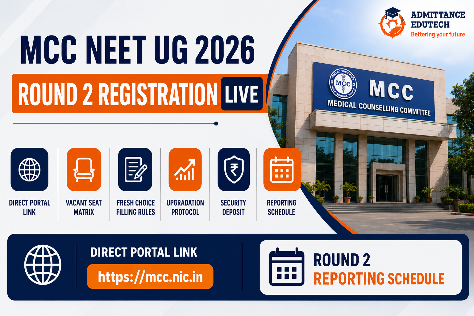 MCC NEET UG 2026 Round 2 Registration Live: Direct Portal Link, Vacant Seat Matrix, Fresh Choice Filling Rules, Upgradation Protocol, Security Deposit, and Reporting Schedule
