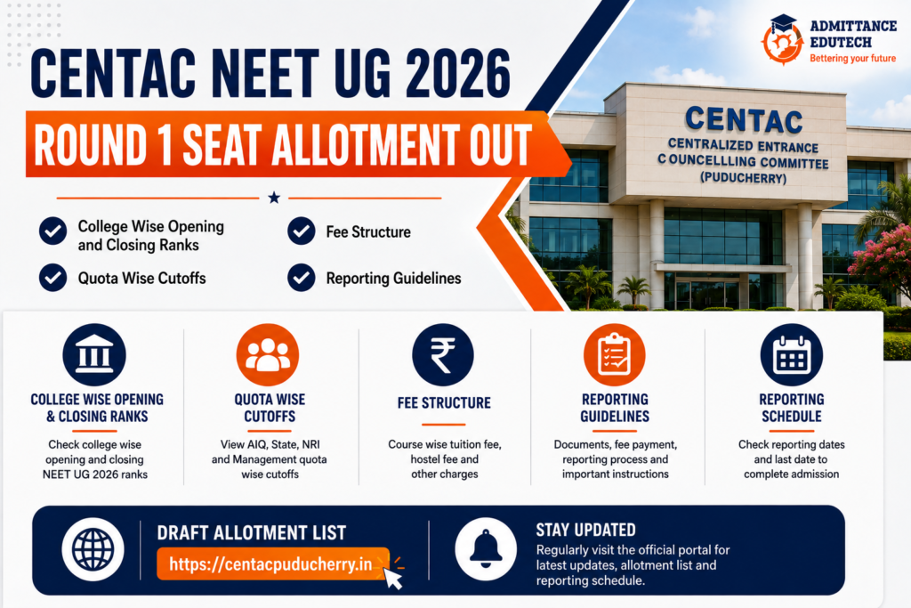 CENTAC NEET UG 2026 Round 1 Seat Allotment Out: College Wise Opening and Closing Ranks, Quota Wise Cutoffs, Fee Structure, and Reporting Guidelines