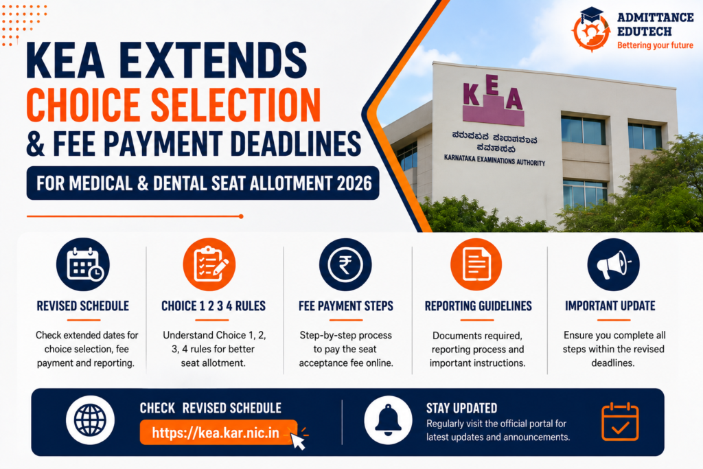 KEA Extends Choice Selection and Fee Payment Deadlines for Medical and Dental Seat Allotment 2026: Check Revised Schedule, Choice 1 2 3 4 Rules, Fee Payment Steps and Reporting Guidelines