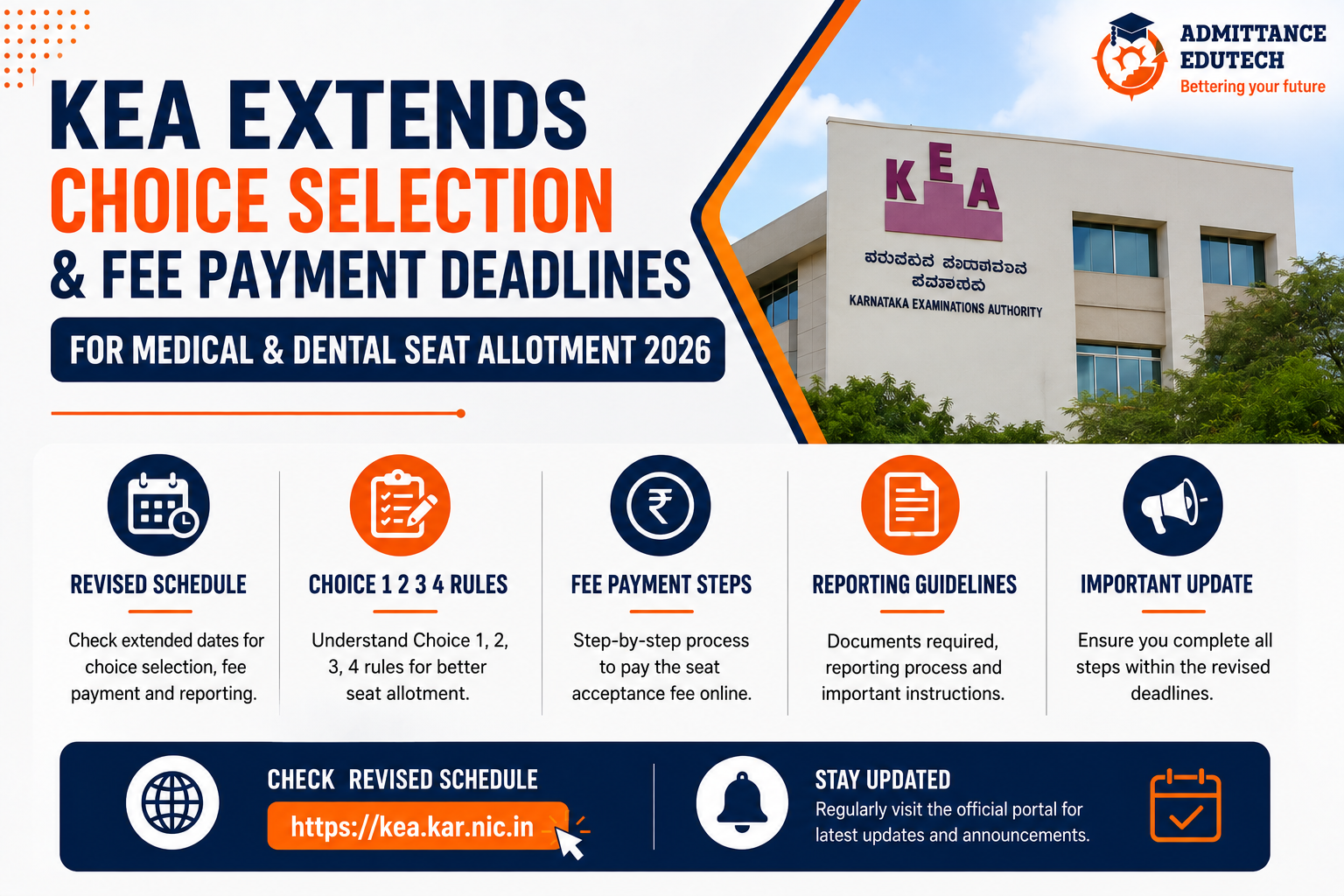 KEA Extends Choice Selection and Fee Payment Deadlines for Medical and Dental Seat Allotment 2026: Check Revised Schedule, Choice 1 2 3 4 Rules, Fee Payment Steps and Reporting Guidelines