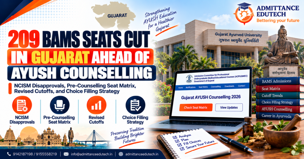 209 BAMS Seats Cut in Gujarat Ahead of AYUSH Counselling: NCISM Disapprovals, Pre-Counselling Seat Matrix, Revised Cutoffs, and Choice Filling Strategy