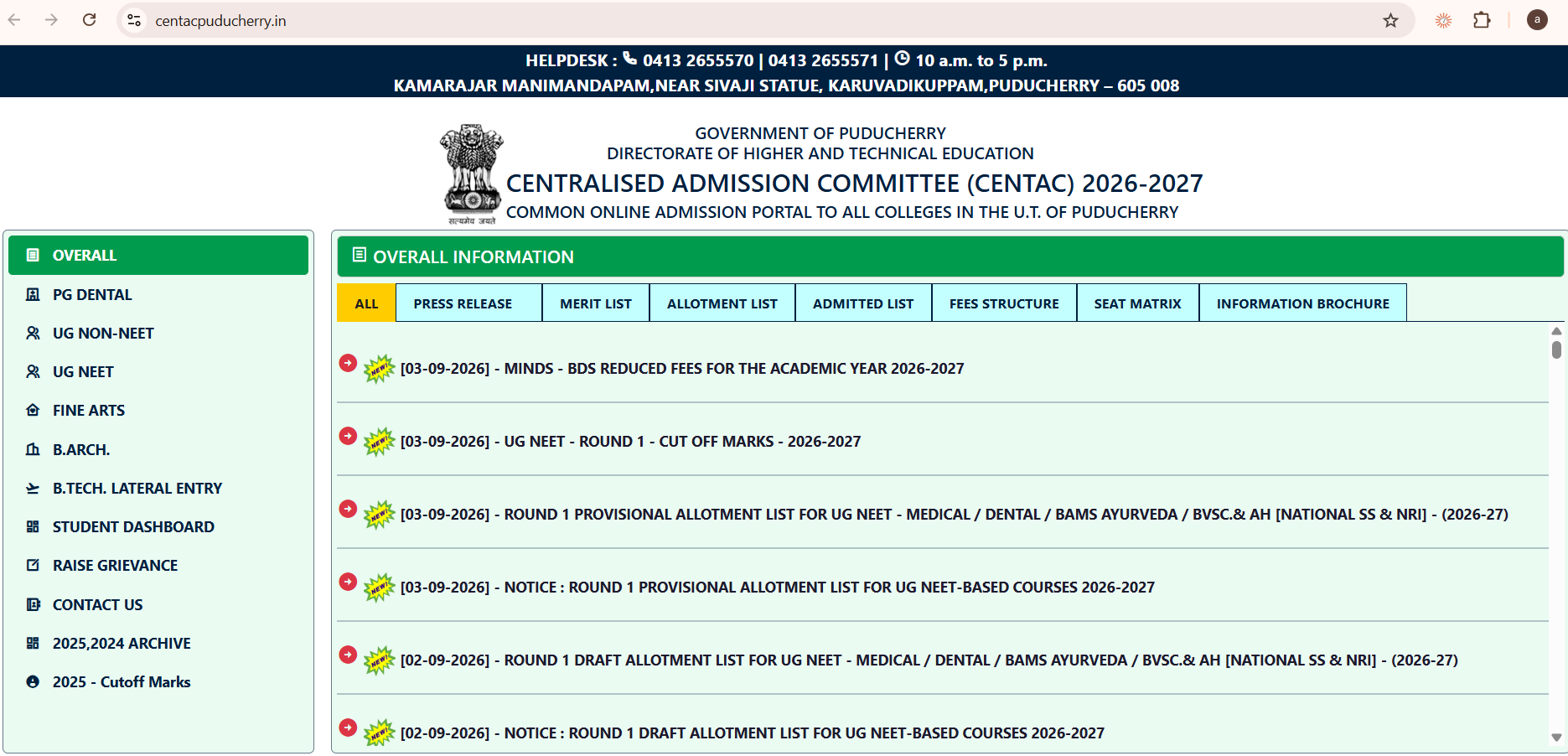 CENTAC NEET UG 2026 Round 1 Seat Allotment Out: College Wise Opening and Closing Ranks, Quota Wise Cutoffs, Fee Structure, and Reporting Guidelines