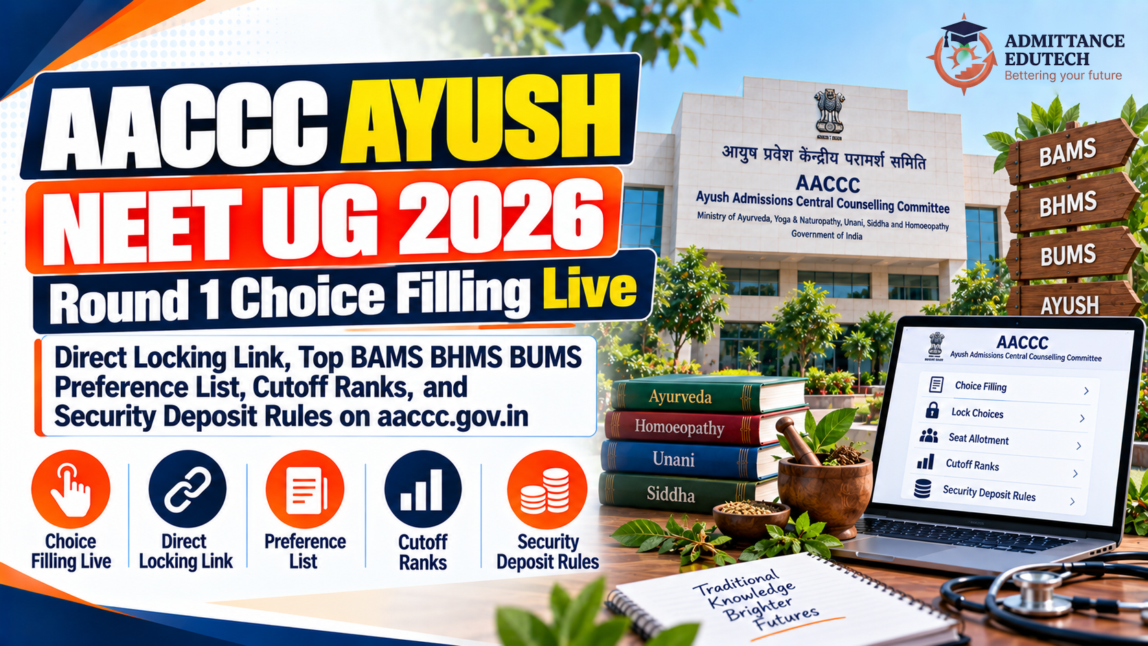 AACCC AYUSH NEET UG 2026 Round 1 Choice Filling Live: Direct Locking Link, Top BAMS BHMS BUMS Preference List, Cutoff Ranks, and Security Deposit Rules on aaccc.gov.in