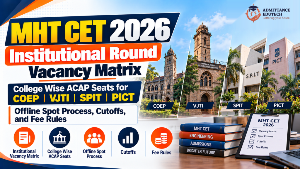 MHT CET 2026 Institutional Round Vacancy Matrix: College Wise ACAP Seats for COEP VJTI SPIT PICT, Offline Spot Process, Cutoffs, and Fee Rules